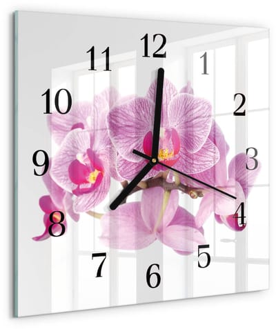 Tulup Wandklok - Orchideeën Wandklok Glas Met Motief - 30x30 cm - Roze Decoratieve Glazen Klok - Zwarte Handen - Vierkante Wandklok - Moderne Wandklok Glas - Wandklok Glas Decoratie