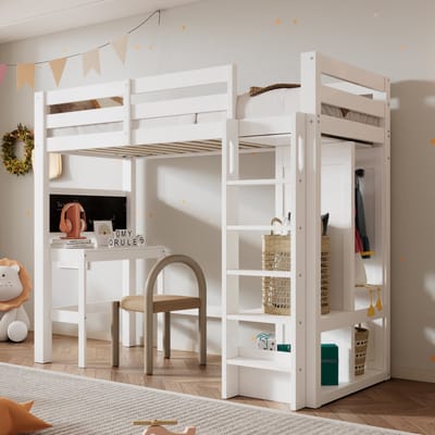Kinderstapelbed met bureau, open kledingkast en planken, kinderbed met lattenbodem en valbeveiliging, eenpersoonsbed, slaapoppervlak 90x200cm, wit (zonder matras)