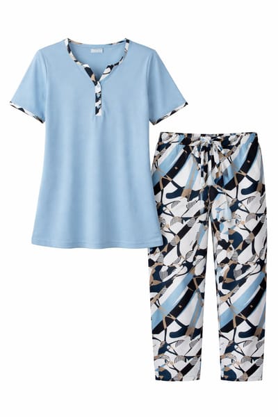 Ascafa Dames Pyjama – Deluxe - Korte Mouw – 7/8 Broek – 100% Katoen - Lichtblauw - Maat 44