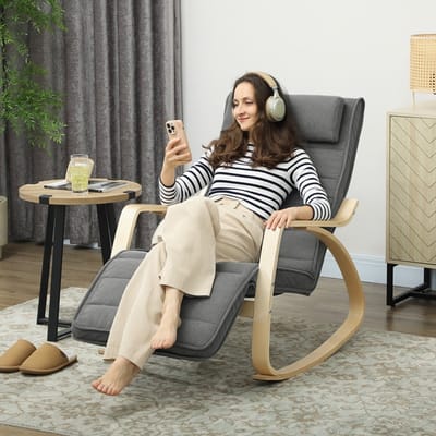 Schommelstoel - Relaxfauteuil Met Massage En Lendenverwarming - Verstelbare Voetensteun - Voor Woonkamer En Leeshoek - Stof Grijs