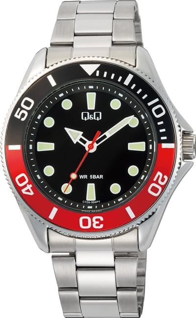 Q&Q C72A-004VY - Horloge - Polshorloge - Analoog - Heren - Mannen - Stalen band - Rond - Metaal - Stippen - Strepen - Zilverkleurig - Zwart - Rood