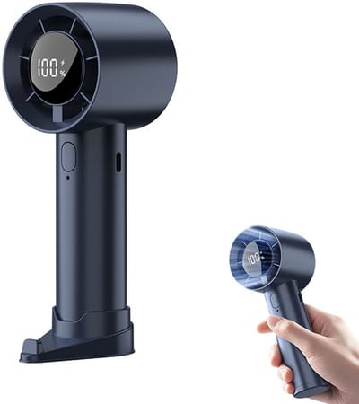 Handventilator - Miniventilator - Draagbare ventilator - Ventilator - 5 windsnelheden - Met digitaal display - USB oplaadbaar - 6 x 6 x 16,5 cm - Geschikt voor binnen, buiten en recreatief gebruik - Donkerblauw