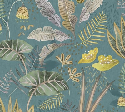 SPEELSE BLADEREN BEHANG | Botanisch - Petrol Groen Geel Grijs - LivingWalls Famous Garden