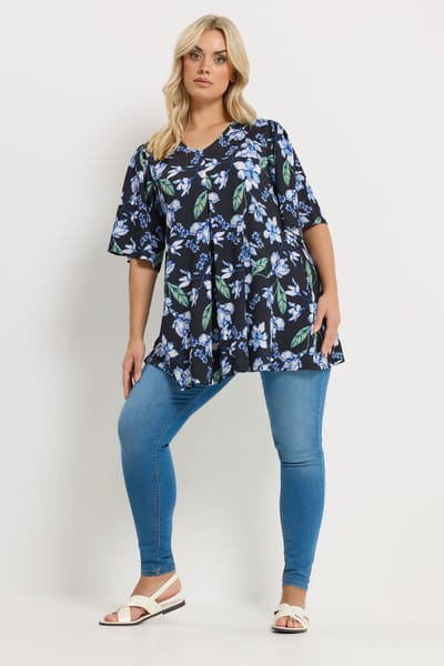Yours Zwarte Geplooide Top Met Bloemenprint Aan De Voorkant Size 44