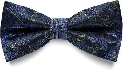 Zijden voorgestrikte vlinderdas met lichtblauw en goud paisleymotief