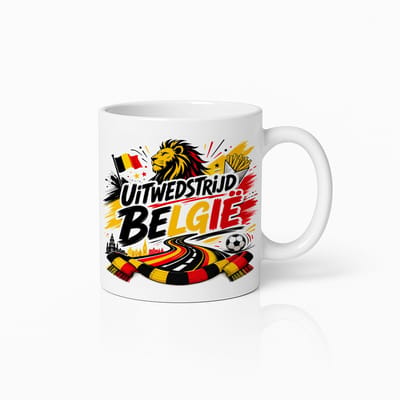 België Uitwedstrijd Voetbal Mok – Belgische Leeuw Vlag Friet Design – Witte Koffiemok 330 ml – België Supporter Cadeau Beker