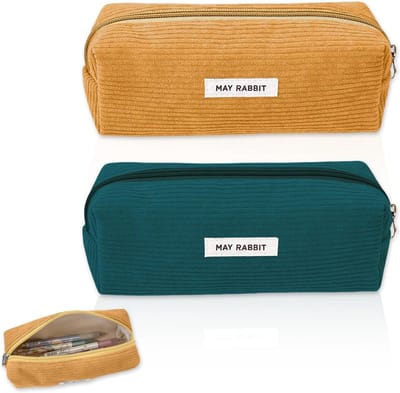 2 stuks koordstof etui Potloodhoes Wasbaar etui Draagbaar esthetisch etui met praktische ritssluiting, voor studenten en tieners, 19 x 6 x 7 cm, Etui（donkergroen, geel）