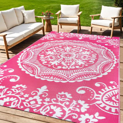 Outdoor tapijt, weerbestendig, 150 x 245 cm, balkontapijt, kunststof, campingtapijt, lichtgewicht picknickdeken, voortenttapijt, buitentapijt voor balkon, picknick, camping, tuin, roze