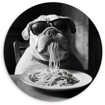 WallCircle® Wandcirkel 120x120 cm - Muurcirkel Hond - Bulldog - Pasta - Bril - Stoer - Dieren - Muurdecoratie woonkamer - Wanddecoratie slaapkamer - Kamer decoratie accessoires - Ronde schilderijen XXL