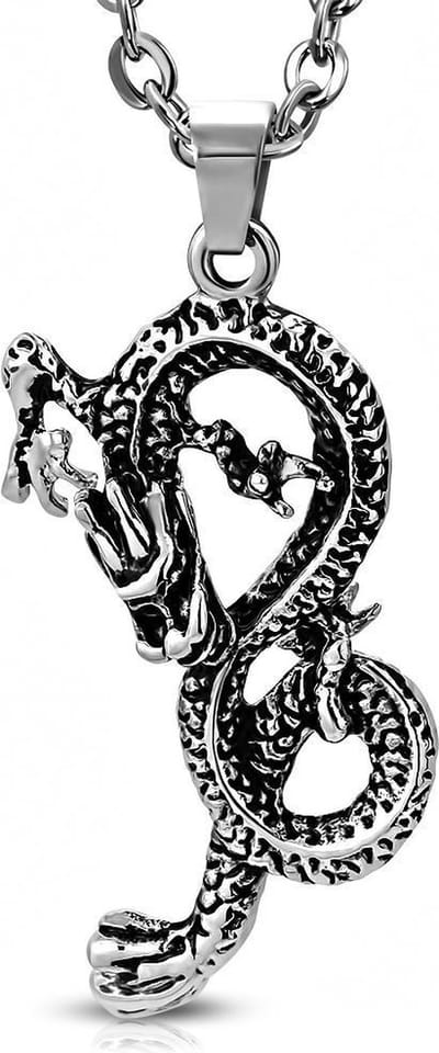 Amanto Ketting Dayrian - 316L Staal - Draak - Symbool - 38x40mm - 60cm
