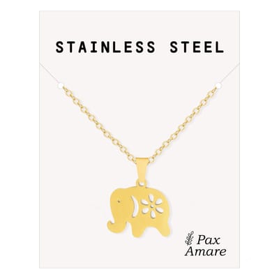 Cadeau Ketting met Olifantje - Roestvrij Staal - Goudkleurig - Cadeau Sieraad op Kaartje - Pax Amare