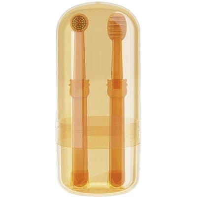 Lot de 2 brosses à dents en plastique pour chien et animal de compagnie, avec grattoir à langue en silicone souple, brosse de nettoyage multi-angle pour animaux de compagnie beige