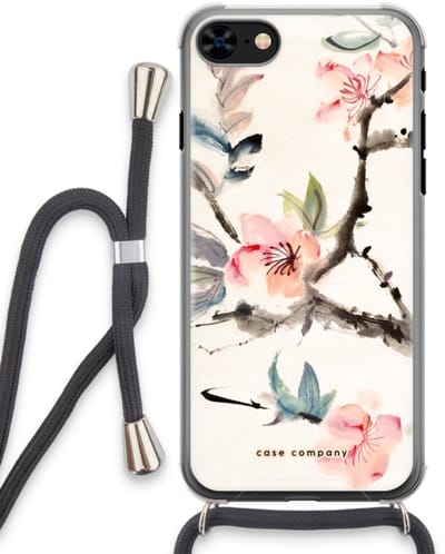 Case Company® - Hoesje met koord geschikt voor iPhone 8 hoesje met Koord - Japanse bloemen - Telefoonhoesje met Zwart Koord - Bescherming aan alle Kanten en Over de Schermrand