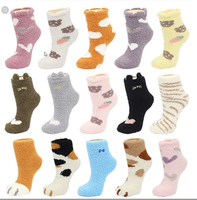 Fluffy Sokken dames - 6 paar - huissokken - wit - grijs - roze - blauw - mix - random - gestipt - streept - hartjes - maat 36 - 40 - cadeau - voor haar