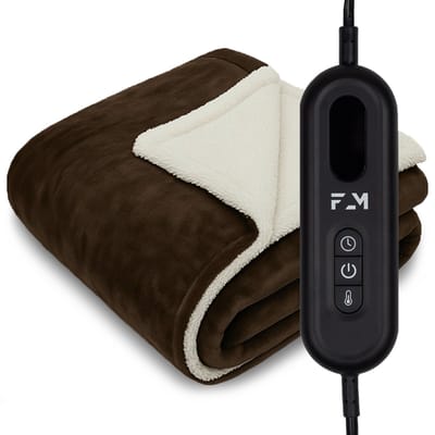 FlowMotion Luxe XL Elektrische Warmtedeken 180x130cm - Bruin/Wit - Elektrische Deken met 9 Warmtestanden - Bovendeken met Timer – Verwarmde Deken 160W – Fleece Verwarmingsdeken