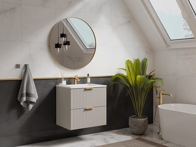 Vente-unique Geribbeld hangmeubel voor badkamer met inbouwwastafel - Beige - 60 cm - ZEVARA
