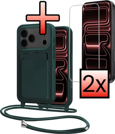 Hoes Geschikt voor iPhone 17 Pro Max Hoesje Pasjeshouder Cover Met Koord Case Siliconen Hoes Met Telefoonkoord en Kaarthouder Met 2x Screenprotector - Donkergroen