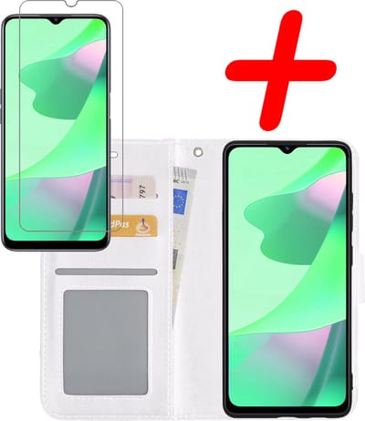 Hoesje Met Screenprotector - Geschikt voor OPPO A16s - Luxe Pasjeshouder - Bookcase Portemonee - Flip Case - Kunstleer Book Case - Flipcase - Book Cover - Walletcase - Portemonneehoes - Wit