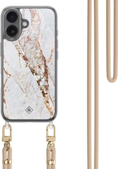 Casimoda® hoesje met koord - Geschikt voor iPhone 16 - Marmer Goud - Afneembaar koord - TPU/polycarbonaat - Goudkleurig