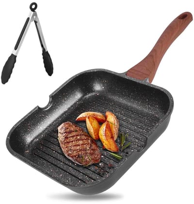 Grillpan - Biefstukpan - 28 cm - met tang - Anti-aanbakpan - Ontbijt- en eierpan - Geschikt voor gas-, inductie- en elektrische fornuizen - Multifunctionele huishoudpan - Aluminium