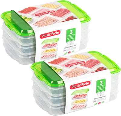 Plasticforte Vleeswaren bewaarbakjes - 2x - transparant/groen - 24 x 16 x 10 cm - 3 lagen - broodbeleg vershouddoos - vershoudbakjes