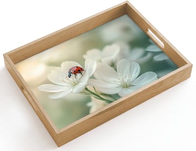 Dienblad hout 40x30 cm - Schootdienblad - Lieveheersbeestje - Bloemen - Wit - Borrelplank rechthoek - Plateau dienbladen