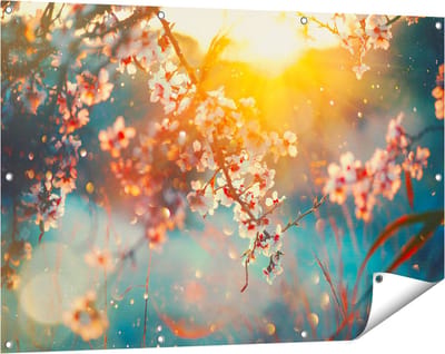 Gards Tuinposter Bloesemboom tijdens Zonsondergang - Bloem - 120x80 cm - Tuindoek - Tuindecoratie - Wanddecoratie buiten - Tuinschilderij