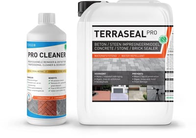 Terras impregneermiddel - Nano Coating - 100% Waterdicht impregneren van Steen, Betontegels, Tuintegels | Reinigen van Dakpannen, Schoorsteen, Buitenmuur - Terraseal Pro 5L / 30m² + 1L Terrasreiniger ULTRA concentraat