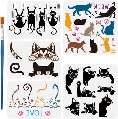 5-delige kat schilder stencil set met 1 plastic kwast - Herbruikbare sjablonen voor schilderen op hout, muren en meubels in 5 unieke kattenpatronen