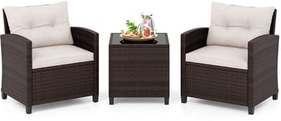 COSTWAY 3-delige set rotan tuinmeubelen, polyrotan zitgroep, 2 stoelen & 1 bijzettafel, balkonmeubel, bistroset, tuingarnituur, tuinlounge tuinset incl. glasplaat & zitkussen, bruin