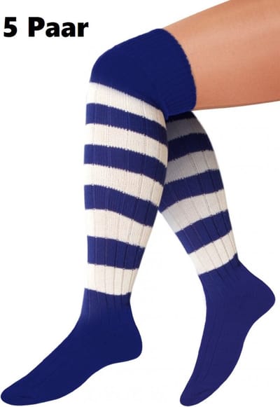 5x Paar Lange sokken blauw/wit gebreid mt.41-47 - Tiroler heren dames kniekousen kousen voetbalsokken festival Oktoberfest voetbal sport