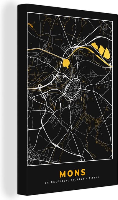 Canvas Schilderij Mons - Black & gold - Stadskaart - Plattegrond - Kaart - 20x30 cm - Wanddecoratie