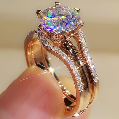 Huitan Unieke Roségouden Kleur Ringen voor Vrouwen Klassiek 6 Klauwen Ontworpen Zirkonia Ringen Bruiloft Verlovingsringen Sieraden 7 brown