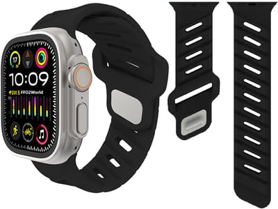 Stravo Siliconen sport bandje voor Apple Watch 46mm (Series 10/11), 45mm (Series 7/8/9), 44mm (Series 4/5/6, SE 1/2/3), 49mm (Ultra 1/2/3) – Horlogebandje met schuine ventilatiesleuven – Zwart