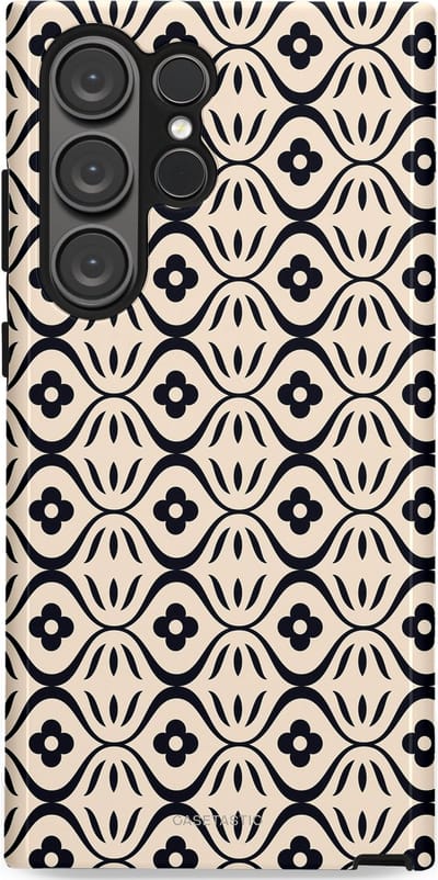 Casetastic hoesje geschikt voor Samsung Galaxy S23 Ultra - Dubbellaagse bescherming - Retro crème-zwarte bloemenprint - Fashion Case - Crème Grijs Donkergrijs