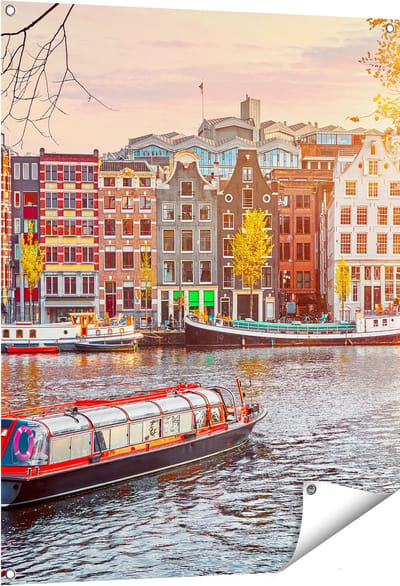Gards Tuinposter Amsterdamse Huisjes vanaf de Grachten - 80x100 cm - Tuindoek - Tuindecoratie - Wanddecoratie buiten - Tuinschilderij