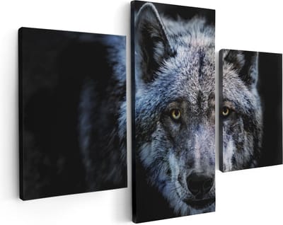 Artaza Canvas Schilderij Drieluik Grijze Wolvenkop - Wolf - 90x60 cm - Wanddecoratie Woonkamer - Schilderijen - Muurdecoratie