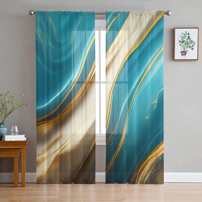 Aqua Groene Voile Transparante Gordijnen met Marmertextuur voor Woonkamerraam Chiffon Tule Gordijn Keuken Slaapkamer Gordijnen Huisdecoratie 135W x 114H(cm)