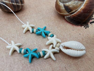 - Enkelbandje - Zomer - Ibiza style - met turquoise wit en blauw edelsteen, schelp, Zeester, wit kleur touw.