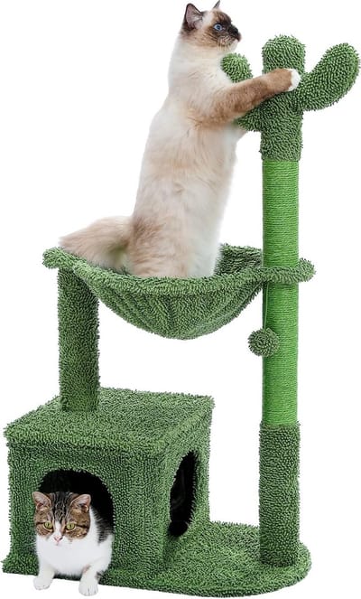Kattenu CrazyCactus - Kleine Krabpaal Voor Katten - 102 cm hoog - Groen - Met Katten Hangmat en Kattenhuisje