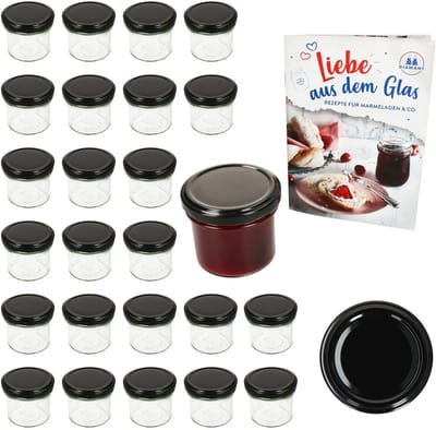Set van 25 bekers 125 ml jampot inmaakpot Inmaakpot Naar 66 zwart deksel incl. Diamant-Zucker Gelierzauber receptenboekje