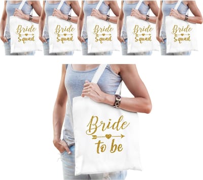 Vrijgezellenfeest dames tasjes/ goodiebag pakket - 1x Bride to Be wit + 5x Bride Squad wit - Vrijgezellen vrouw