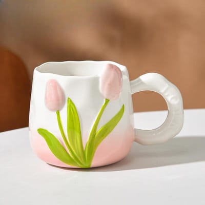 Tasse en Céramique Peinte à la Main Tasse en Relief Tridimensionnel Tasse Tulipe Fleurs Mug avec Anse Tasse Bestie Souvenir 400ml