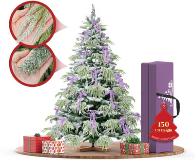 150 cm Kunstkerstboom - PVC + PE Groene Kerstboom - Kunstmatige Spar Met Sneeuweffect - Decoratieve Accessoires - Beschermende Handschoenen, Opbergtas, Houten Standaard, Snel te Monteren Vouwsysteem