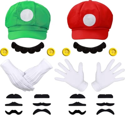 Mario Bros Hoed met M en Luigi Hoed met L - Caps, Snor, Handschoenen en Knopen - Cosplay Kostuum voor Halloween voor Volwassenen en Kinderen