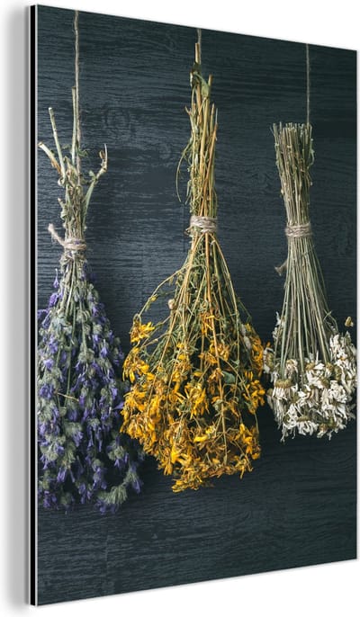Aluminium schilderij 60x80 cm - Wanddecoratie metaal - Droogbloemen - Bloemen - Boeket - Stilleven - Touw - Bundel - Metalen muurdecoratie woonkamer - Decoratie industrieel - Foto op dibond - Industriële accessoires slaapkamer