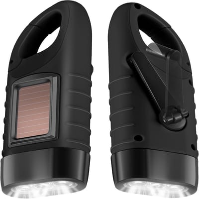 QTTVBTNA - Opwindbare Zaklamp - Hand Crank Zaklamp - Noodverlichting - Zaklamp Survival - Zonne-energie - Carabiner - voor Buiten, Wandelen, Camping - Zwart - 2 Stuks