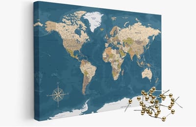 Gepinde Wereldkaart op Canvas met Houten Frame en Kurk - Reisdecoratie