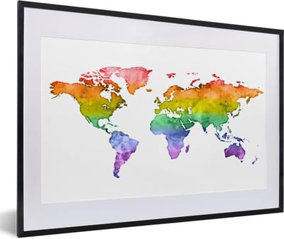 Poster in lijst - Fotolijst 60x40 cm - Posters - Wereldkaart - Pride vlag - Waterverf - Posterlijst zwart - Decoratie - Wanddecoratie woonkamer - Muurdecoratie slaapkamer