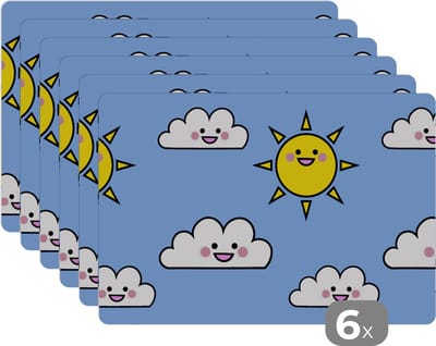 Placemat - Placemats kunststof - Kawaii - Patronen - Zon - Kinderen - 45x30 cm - 6 stuks - Hittebestendig - Anti-Slip - Onderlegger - Afneembaar